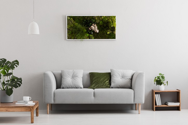 salon z sofą, kwiatami i obrazem z mchu na ścianie